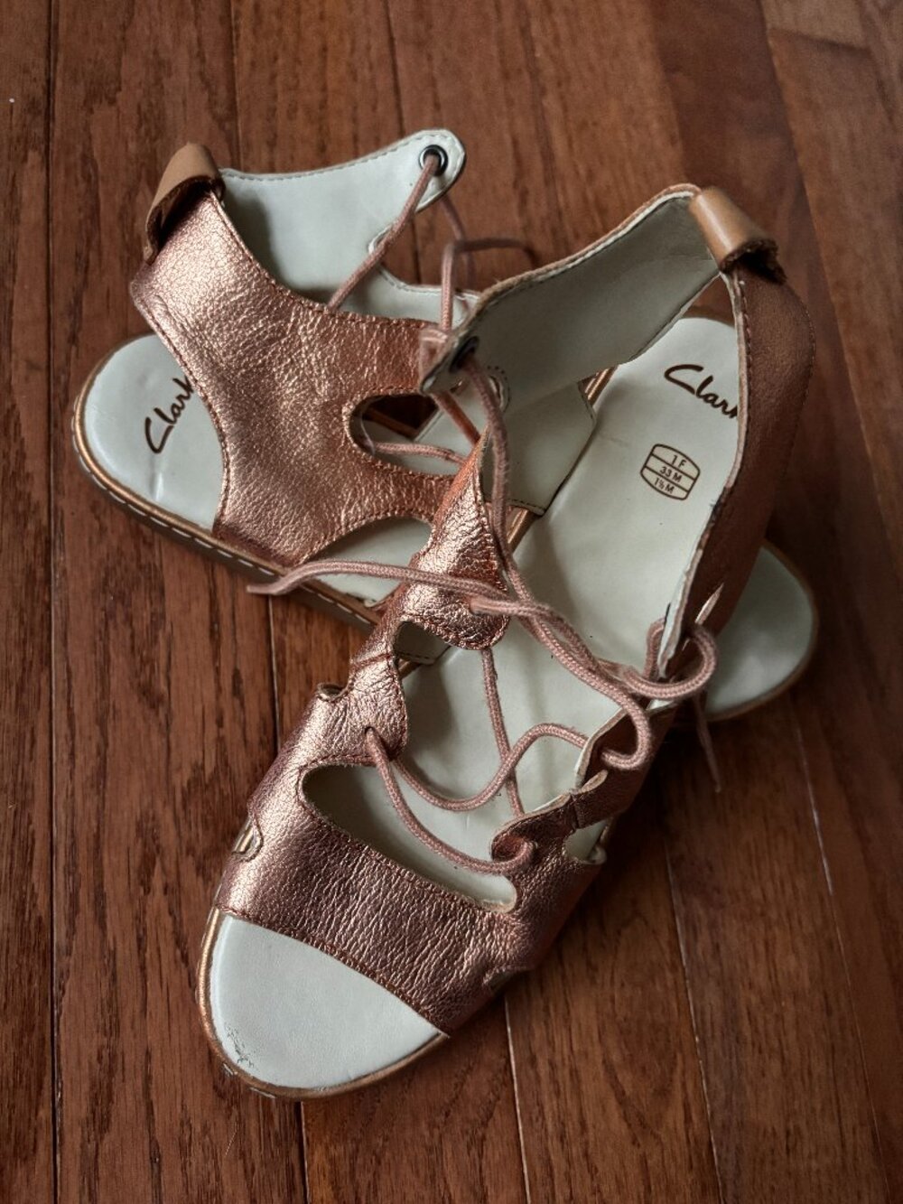 Clarks Metallic Rose Gold Lace-Up Gladiator Sandals - Size 1.5M